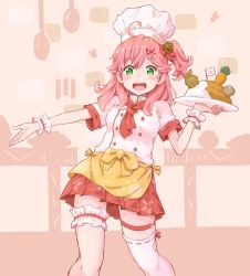 Rule 34 | 1girl, ahoge, alternate costume, bell, blush, bridal garter, chef hat, cherry blossom print, curry, curry rice, floral print, food, green eyes, hair bell, hair ornament, hairclip, hat, highres, hololive, open mouth, pink hair, rice, sakura miko, sakura miko (1st costume), solo, table, taiyaki, teeth, tmo-cat, upper teeth only, virtual youtuber, wagashi, x hair ornament