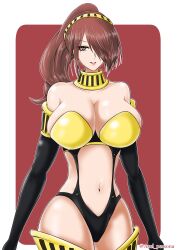 Rule 34 | axel persona, breasts, hair over one eye, high-cut armor (persona), highres, kirijou mitsuru, large breasts, long hair, persona, persona 3, ponytail, red hair, revealing clothes, solo