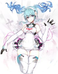 Rule 34 | 1girl, aqua hair, bad id, bad pixiv id, bare shoulders, blue eyes, blue hair, breasts, elbow gloves, gloves, hatsune miku, headphones, hip focus, long hair, matching hair/eyes, multicolored hair, small breasts, smile, solo, terupancake, thighhighs, thighs, vocaloid, white thighhighs