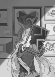 Rule 34 | 1boy, 1girl, absurdres, collared shirt, double exposure, closed eyes, facing viewer, fusion, glasses, greyscale, hair between eyes, halftone, hands up, hatsune miku, highres, holding, holding frame, kafuuchino (chouti), long hair, monochrome, parted lips, picture frame, pleated skirt, rolling girl (vocaloid), school uniform, shade, shirt, sidelighting, skirt, sweater, translation request, tsumiki no ningyou, twintails, undershirt, unhappy refrain (vocaloid), unknown mother goose (vocaloid), ura-omote lovers (vocaloid), very long hair, vocaloid, wall, world&#039;s end dancehall (vocaloid), wowaka