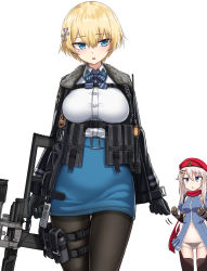 Rule 34 | 2girls, 9a-91 (girls&#039; frontline), assault rifle, belt, beret, black gloves, black jacket, black legwear, black panties, blonde hair, blue belt, blue dress, blue eyes, blue skirt, blush, breasts, brown gloves, buckle, commentary request, dress, girls&#039; frontline, gloves, gun, hair ornament, hat, highres, jacket, long hair, low twintails, magazine (weapon), mole, mole under eye, multiple girls, navel, panties, pantyhose, red headwear, red neckwear, red scarf, rifle, scarf, see-through, shirt tucked in, short hair, silver hair, skirt, snap-fit buckle, sniper rifle, snowflake hair ornament, star (symbol), star hair ornament, taut clothes, taut skirt, twintails, underwear, vsk-94, vsk-94 (girls&#039; frontline), weapon, yakob labo