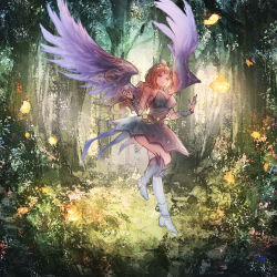 Rule 34 | 1girl, absurdres, alternate color, alternate hair color, bare shoulders, boots, breasts, brown hair, chinese commentary, dress, duel monster, feathered wings, flying, forest, grass, hair ornament, hands up, highres, hugin the runick wings, large breasts, medium hair, nature, pink eyes, realpha, solo, standing, standing on one leg, tree, vambraces, wings, yu-gi-oh!