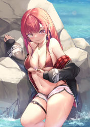 Rule 34 | 1girl, absurdres, anchor symbol, arenoyoni, bikini, bikini pull, bikini under clothes, blush, breasts, cleavage, clothes pull, earrings, gold earrings, heart, heart earrings, heart necklace, heterochromia, highres, hololive, houshou marine, houshou marine (summer), jacket, jewelry, large breasts, long hair, looking at viewer, navel, necklace, o-ring, o-ring thigh strap, ocean, official alternate costume, red bikini, red hair, rock, shorts, solo, swimsuit, thigh strap, virtual youtuber, white shorts