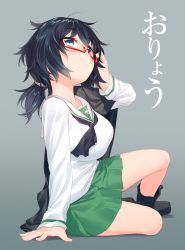 Rule 34 | 10s, 1girl, adjusting eyewear, blew andwhite, blouse, blue eyes, blush, boots, breasts, character name, full body, girls und panzer, glasses, green skirt, grey background, highres, large breasts, long sleeves, looking at viewer, messy hair, miniskirt, neckerchief, no socks, ooarai school uniform, oryou (girls und panzer), pleated skirt, red-framed eyewear, school uniform, semi-rimless eyewear, serafuku, shirt, short hair, short ponytail, simple background, sitting, skirt, solo, translated, under-rim eyewear, white shirt
