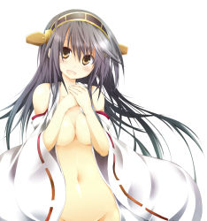 Rule 34 | 10s, 1girl, :d, absurdres, bare shoulders, black hair, blush, bottomless, breasts, brown eyes, cleavage, groin, hand on own chest, haruna (kancolle), head tilt, headgear, highres, kantai collection, long hair, looking at viewer, md5 mismatch, navel, no bra, nontraditional miko, open clothes, open mouth, resized, resolution mismatch, ribbon-trimmed sleeves, ribbon trim, shiryuu, simple background, smile, solo, source larger, stomach, upper body, very long hair, white background
