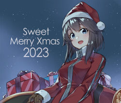 Rule 34 | 1girl, 2023, black hair, brown gloves, commentary request, gift, gloves, grey eyes, hat, hayasui (kancolle), jacket, kantai collection, konishi (koconatu), merry christmas, official alternate costume, official art, red hat, red jacket, santa hat, short hair, sleigh, snow, solo, track jacket, upper body