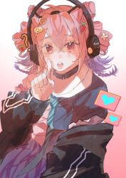 Rule 34 | 1girl, :o, ?, aluoji, arknights, black jacket, black shirt, blue necktie, blush, braid, commentary request, cone hair bun, diagonal-striped clothes, diagonal-striped necktie, food-themed hair ornament, gradient background, hair between eyes, hair bun, hair ornament, hand up, headphones, heart, heart hair ornament, highres, index finger raised, jacket, long sleeves, looking at viewer, multicolored hair, nail polish, necktie, off shoulder, open clothes, open jacket, open mouth, pink background, pink hair, pixelated, puffy long sleeves, puffy sleeves, purple hair, purple skirt, red eyes, red nails, shirt, skirt, solo, strawberry hair ornament, striped clothes, teeth, twin braids, two-tone hair, u-official (arknights), upper teeth only, white background