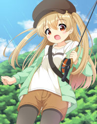 Rule 34 | 1girl, :o, black pantyhose, blonde hair, blue sky, brown hat, brown shorts, clenched hand, cloud, commentary request, day, fishing rod, forest, green jacket, hair between eyes, hat, highres, holding, holding fishing rod, jacket, long hair, minagi koharu, nature, open mouth, outdoors, pantyhose, pantyhose under shorts, pila-pela, red eyes, shirt, shorts, sky, slow loop, solo, standing, sunlight, white shirt