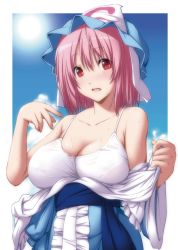 Rule 34 | 1girl, absurdres, bare arms, bare shoulders, blush, breasts, cleavage, collarbone, hair between eyes, hat, highres, large breasts, looking at viewer, nori tamago, open mouth, pink hair, red eyes, saigyouji yuyuko, short hair, solo, standing, sweat, tank top, touhou, triangular headpiece, white tank top