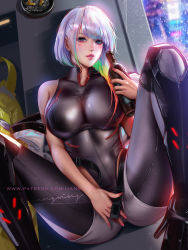 Rule 34 | 1girl, black leotard, blue eyes, blush, bottle, breasts, cropped jacket, cyberpunk (series), cyberpunk edgerunners, dutch angle, eyeliner, high heels, highleg, highleg leotard, highres, jacket, unworn jacket, large breasts, leotard, liang xing, lips, long hair, looking at viewer, lucy (cyberpunk), lying, makeup, multicolored hair, off-shoulder jacket, off shoulder, on back, open clothes, open jacket, parted bangs, parted lips, red eyeliner, sleeveless turtleneck leotard, solo, spread legs
