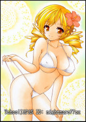Rule 34 | 10s, 1girl, bikini, blonde hair, breasts, cleavage, drill hair, flower, hair flower, hair ornament, hibiscus, large breasts, long hair, mahou shoujo madoka magica, mahou shoujo madoka magica (anime), nightmare77zx, short hair, sideboob, skindentation, smile, solo, swimsuit, tomoe mami, twin drills, twintails, underboob, untied, white bikini, yellow background, yellow eyes