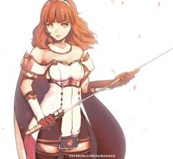Rule 34 | 1girl, armor, aurahack, breasts, cape, celica (fire emblem), cleavage, cowboy shot, detached collar, dress, elbow gloves, fire emblem, fire emblem echoes: shadows of valentia, gloves, medium breasts, motion blur, nintendo, orange eyes, orange hair, parted lips, red armor, signature, smile, solo, sword, thighhighs, tiara, watermark, weapon, web address, white armor, zettai ryouiki