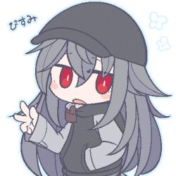 Rule 34 | 1girl, banned artist, black hat, black jacket, blush stickers, commentary request, flat cap, grey hair, hair between eyes, hat, hood, hood down, hooded jacket, inunoko., jacket, long hair, long sleeves, looking at viewer, open mouth, original, pixel art, red eyes, simple background, sleeves past wrists, solo, translation request, v, very long hair, white background