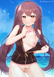 Rule 34 | 1girl, ahoge, black jacket, blue sky, blush, bottomless, breasts, brown hair, censored, cleft of venus, collarbone, contrapposto, cowboy shot, dated, day, female pubic hair, finger to mouth, flower-shaped pupils, genshin impact, gluteal fold, highres, horizon, hu tao (genshin impact), index finger raised, jacket, long hair, mosaic censoring, naked jacket, nipples, no bra, ocean, one breast out, open clothes, open jacket, orange eyes, outdoors, parted lips, partially unzipped, pubic hair, pussy, shushing, sky, sleeveless, sleeveless jacket, small breasts, solo, sparse pubic hair, sweat, symbol-shaped pupils, twintails, twitter username, undressing, very long hair, wata neo, water
