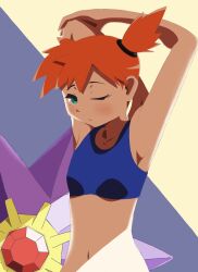 1girl armpits arms_up asymmetrical_hair bikini blue_bikini blush breasts closed_mouth creatures_(company) female_focus game_freak gen_1_pokemon green_eyes gym_leader hair_tie half-closed_eye highres looking_at_viewer midriff misty_(pokemon) navel nintendo one_eye_closed orange_hair pokemon pokemon_(anime) pokemon_(classic_anime) pokemon_frlg pokemon_rgby ponytail red_hair short_hair side_ponytail small_breasts solo starmie swimsuit upper_body