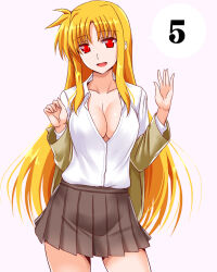 Rule 34 | 1girl, :d, blonde hair, breasts, cleavage, collarbone, cowboy shot, dress shirt, engo (aquawatery), fate testarossa, grey skirt, highres, large breasts, long hair, long sleeves, looking at viewer, lyrical nanoha, mahou shoujo lyrical nanoha strikers, miniskirt, no bra, open clothes, open mouth, open shirt, pleated skirt, red eyes, shirt, simple background, skirt, smile, solo, speech bubble, standing, straight hair, very long hair, white background, white shirt