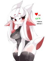 Rule 34 | 1girl, animal ears, blush, chest jewel, demon horns, furry, furry female, goat ears, goat girl, goat tail, highres, horns, large ears, leotard, long hair, looking to the side, mikatsu27, multicolored hair, myra (mikatsu27), original, red eyes, red hair, tail, thick thighs, thighhighs, thighs, white hair, wide hips