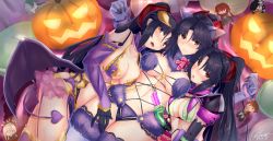 Rule 34 | 3girls, android, animal ears, between fingers, bikini, black hair, breasts, clone, commentary request, cosplay, demon horns, demon tail, demon wings, elbow gloves, fate/grand order, fate (series), florence nightingale (fate), florence nightingale (fate) (cosplay), florence nightingale (trick or treatment) (fate), fur-trimmed gloves, fur-trimmed legwear, fur collar, fur trim, girl sandwich, gloves, green bikini, green gloves, green legwear, halloween, halloween costume, highres, holding, holding syringe, horns, irisviel von einzbern, irisviel von einzbern (cosplay), irisviel von einzbern (halloween princess), joints, katou danzou (fate), lace, lace-trimmed legwear, lace trim, layered bikini, looking at viewer, low wings, lying, mash kyrielight, mash kyrielight (dangerous beast), mash kyrielight (dangerous beast) (cosplay), mecha musume, medium breasts, multiple girls, navel, o-ring, o-ring top, official alternate costume, on back, on side, ponytail, purple bikini, purple gloves, purple legwear, revealing clothes, robot joints, rubber gloves, sandwiched, sebire, short sleeves, shrug (clothing), swimsuit, syringe, tail, wings, wolf ears, yellow eyes