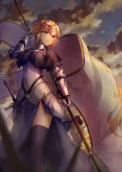 Rule 34 | 1girl, armor, armored dress, banner, black thighhighs, blonde hair, blue dress, blue eyes, blurry, blurry foreground, breasts, breasts apart, chain, cloud, dress, fate/apocrypha, fate (series), faulds, floating hair, from below, gauntlets, headpiece, holding, jeanne d&#039;arc (fate), jeanne d&#039;arc (ruler) (fate), long dress, long hair, medium breasts, outdoors, sakusaku, sheath, sheathed, shiny skin, side slit, solo, standing, sword, thighhighs, very long hair, weapon