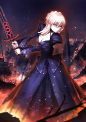 Rule 34 | 1girl, alternate breast size, artoria pendragon (fate), bad id, bad pixiv id, black dress, blonde hair, breasts, cleavage, dress, excalibur morgan (fate), fate/grand order, fate/stay night, fate (series), highres, kxxxxxxxxxxx, saber (fate), saber alter, solo, sword, weapon, yellow eyes