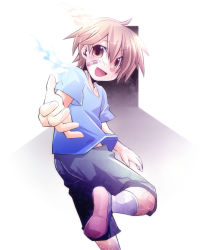 Rule 34 | 1boy, bandaid, bandaid on face, blonde hair, corpse party, corpse party cross fear, kanemoto seita, looking back, outstretched arm, rokuhara, short hair, shorts, smile, solo, yellow eyes