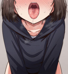 Rule 34 | 1girl, absurdres, all fours, black hoodie, blush, brown hair, full-face blush, grey background, head out of frame, highres, hood, hood down, hoodie, mame rakko, medium hair, open mouth, oral invitation, original, sexually suggestive, simple background, solo, sweat, tongue, tongue out, uvula