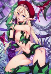 Rule 34 | 1girl, absurdres, alleyne (queen&#039;s blade), alleyne (queen's blade), armpits, bare shoulders, beret, blonde hair, blue eyes, blush, boots, braid, breasts, covered erect nipples, elbow gloves, elf, fighting master alleyne, gloves, green gloves, groin, hat, highres, imminent rape, knee boots, kneeling, lance, large breasts, long hair, looking at viewer, matsuryuu, midriff, navel, open mouth, pointy ears, polearm, queen&#039;s blade, revealing clothes, scan, side braid, single braid, skirt, sleeveless, solo, sweat, tareme, tentacles, tongue, tongue out, torn clothes, torn gloves, torn skirt, weapon, white skirt
