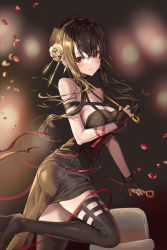 Rule 34 | 1girl, a (sofi3103), absurdres, artist name, bad id, bad pixiv id, black dress, black gloves, black hair, black thighhighs, blush, boots, breasts, closed mouth, dagger, dress, dual wielding, earrings, falling petals, fingerless gloves, floating hair, flower, from side, gloves, gold, gold earrings, gold hairband, hair flower, hair ornament, hairband, high heel boots, high heels, highres, holding, holding dagger, holding knife, holding weapon, jewelry, knee up, knife, large breasts, long hair, looking at viewer, petals, red eyes, revision, rose, sidelocks, smile, solo, spikes, spy x family, thigh boots, thighhighs, weapon, yor briar, zettai ryouiki