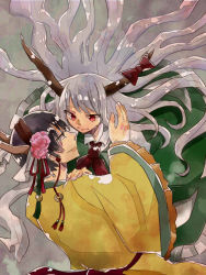 Rule 34 | 10s, 1boy, 1girl, aikoi (arararaaren), black hair, bow, crossover, dress, ex-keine, floating hair, flower, green dress, hair flower, hair ornament, hairband, hakutaku (hoozuki no reitetsu), hand on another&#039;s shoulder, hoozuki no reitetsu, horn bow, horns, japanese clothes, kamishirasawa keine, looking at another, profile, red eyes, silver hair, touhou, traditional clothes, wide sleeves