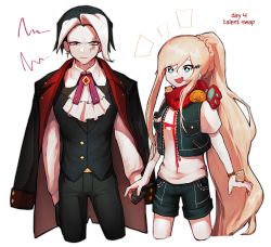 Rule 34 | 1boy, 1girl, :d, alternate costume, animal, arm at side, barry nah, black gloves, black jacket, black shorts, blonde hair, braid, clothing request, cropped jacket, cropped legs, danganronpa (series), danganronpa 2: goodbye despair, earrings, expressionless, gloves, green eyes, half-closed eyes, hamster, holding hands, happy, heterochromia, highres, jacket, jacket on shoulders, jewelry, long hair, looking at viewer, multicolored hair, open mouth, pants, ponytail, print shirt, red scarf, scarf, shirt, shorts, simple background, sleeveless, sleeveless jacket, smile, sonia nevermind, tanaka gundham, two-tone hair, white background, white hair, white shirt
