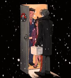 Rule 34 | 1girl, 2boys, ace attorney, black hair, blue jacket, blue pants, blush, christmas wreath, closed eyes, coat, formal, grey hair, highres, jacket, japanese clothes, kimono, long hair, long sleeves, looking at another, maya fey, miles edgeworth, multiple boys, open door, open mouth, pants, phoenix wright, pink sash, purple jacket, renshu usodayo, sash, scarf, shirt, shoes, short hair, short kimono, smile, snowing, spiked hair, standing, suit, white shirt, winter clothes, winter coat, wreath