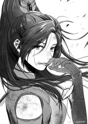 Rule 34 | 1girl, bruise, bruise on face, closed mouth, clothing cutout, dirty, dirty clothes, elbow gloves, gloves, greyscale, hair ornament, highres, hua jianghu zhi bei mo ting, injury, ji ruxue (hua jianghu), leaf, long hair, looking at viewer, monochrome, ponytail, second-party source, shoulder cutout, sketch, solo, upper body, white background, zoie zuo yiyi