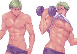 Rule 34 | 1boy, abs, clothes in mouth, clothes lift, dark-skinned male, dark skin, ear piercing, exercising, green hair, groin, king of prism, king of prism by prettyrhythm, male focus, mouth hold, multicolored hair, navel, nipples, piercing, pretty rhythm, pretty series, purple eyes, shirt in mouth, shirt lift, simple background, solo, toroi (run01211), two-tone hair, weightlifting, white background, yamato alexander