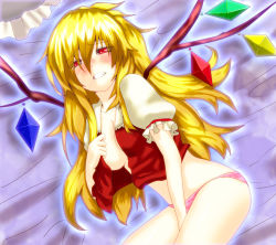 Rule 34 | 1girl, aged up, blonde hair, blush, breasts, cleavage, fangs, female focus, female masturbation, flandre scarlet, large breasts, lying, masturbation, open clothes, open shirt, panties, red eyes, saliva, shirt, solo, soubi, tears, touhou, underwear, undressing, wings