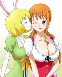 Rule 34 | 2girls, animal ears, artist request, biting, blonde hair, blush, bow, breasts, brown eyes, carrot (one piece), cleavage, closed eyes, collarbone, dress, ear biting, earrings, facing another, furry, green dress, happy, interspecies, jewelry, large breasts, long hair, looking at another, multiple girls, nami (one piece), nami (one piece) (whole cake island), one eye closed, one piece, open mouth, orange hair, parted lips, rabbit, rabbit ears, rabbit girl, rabbit tail, ribbon, short hair, shy, smile, standing, tail, tongue, twintails, yuri