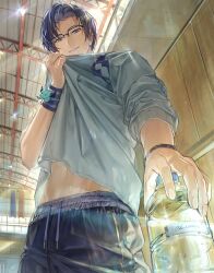 Rule 34 | 1boy, absurdres, black pants, blue eyes, blue hair, blue shirt, bottle, clothes pull, drawstring, lovebrush chronicles, from below, glasses, gym, hataya, highres, holding, holding bottle, indoors, looking at viewer, male focus, midriff peek, mole, mole under eye, pants, parted bangs, parted lips, shirt, shirt pull, short hair, clarence clayden, sleeves rolled up, smile, solo, standing, sweat, truss, watch, water bottle, wiping sweat, wristband, wristwatch