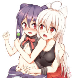 Rule 34 | 2girls, ahoge, animal ears, artist name, bare arms, belly grab, black shirt, black sweater, blush, bow, breasts, cat ears, chiya (urara meirochou), clothes down, collarbone, commentary request, dango, devil (stepdevils), eye contact, fang, food, groin, hair between eyes, holding, holding food, japanese clothes, kimono, kimono pull, long hair, looking at another, medium breasts, multiple girls, navel, nose blush, open clothes, open mouth, plump, purple hair, red bow, red eyes, red skirt, sanshoku dango, shirt, simple background, skirt, sleeveless, sleeveless shirt, stomach, sweater, tareme, twintails, twitter username, urara meirochou, very long hair, wagashi, weight conscious, white background, white hair, white kimono, yukimi koume, yuri