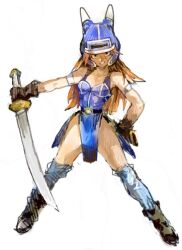 Rule 34 | 1girl, armlet, armor, belt, blue armor, breasts, brown eyes, brown gloves, brown hair, daisy (dq), dragon quest, dragon quest yuusha abel densetsu, fake horns, full body, gloves, hakusaku, helmet, horned helmet, horns, long hair, looking at viewer, medium breasts, simple background, small breasts, smile, solo, sword, thighhighs, weapon, white background