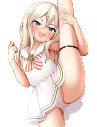 Rule 34 | 1girl, absurdres, ass, blonde hair, blue eyes, blush, bow, dress, fingernails, grecale (kancolle), hair between eyes, hair bow, highres, kantai collection, long hair, looking at viewer, neckerchief, open mouth, panties, red bow, sailor collar, sailor dress, simple background, sleeveless, sleeveless dress, smile, solo, split, standing, standing on one leg, standing split, tiemu (man190), underwear, white background, white dress, white panties, white sailor collar