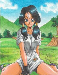 Rule 34 | 1girl, 2019, absurdres, artist name, baggy clothes, black gloves, black hair, blue eyes, collarbone, day, dragon ball, dragonball z, fingerless gloves, gloves, grass, highres, mountainous horizon, outdoors, ravernclouk design, shirt, shoes, sitting, sitting on grass, sky, smile, t-shirt, thighs, traditional media, tree, twintails, videl