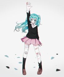 Rule 34 | 1girl, arm up, asymmetrical legwear, bandaged fingers, bandaged neck, bandages, bandaid, bandaid on face, bandaid on leg, blood, blue eyes, blue hair, chromatic aberration, collared shirt, cuts, hatsune miku, highres, hynori, injury, legs apart, loafers, long hair, long sleeves, looking at viewer, open mouth, pleated skirt, popped collar, rolling girl (vocaloid), shirt, shoes, skirt, socks, solo, sweater, twintails, uneven legwear, v-shaped eyebrows, vocaloid