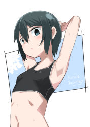 Rule 34 | 1girl, armpits, arms up, black eyes, black hair, breasts, commentary, highres, kino (kino no tabi), kino no tabi, short hair, simple background, small breasts, solo, sports bra, sweat, tomboy, tomurasuisen