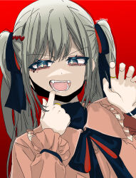 Rule 34 | 1girl, claw pose, commentary request, fangs, hair ornament, half-closed eyes, hatsune miku, heart, highres, jewelry, korean commentary, lane 0714, light smile, long hair, long sleeves, looking at viewer, mask, mask pull, mouth mask, open mouth, ribbon, shirt, simple background, solo, twintails, upper body, v-shaped eyebrows, vampire (vocaloid), vocaloid