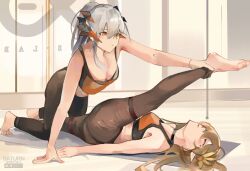Rule 34 | 2girls, arknights, artist name, assisted stretching, barefoot, black pants, blush, breasts, brown hair, cleavage, cmdr saturn, commentary, deviantart logo, english commentary, grey hair, hair between eyes, highres, instagram logo, long hair, lying, medium breasts, mirrored text, muelsyse (arknights), multiple girls, on back, orange eyes, pants, pixiv logo, pointy ears, saria (arknights), sports bra, stretching, twitter logo, twitter username, yoga, yoga mat, yoga pants