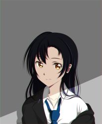Rule 34 | 1girl, :|, absurdres, black suit, blue hair, blue necktie, breasts, closed mouth, collared shirt, dress shirt, formal, grey background, highres, long hair, looking at viewer, love live!, love live! school idol project, medium breasts, necktie, shaded face, shirt, simple background, solo, sonoda umi, suit, tsukki, unbuttoned, unbuttoned shirt, white shirt, yellow eyes