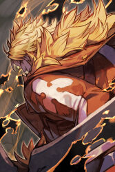 Rule 34 | 1boy, blonde hair, brown jacket, from behind, guilty gear, guilty gear strive, holding, holding weapon, hungry clicker, jacket, leo whitefang, long hair, male focus, serious, solo, spiked hair, upper body, weapon