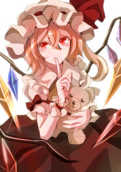 Rule 34 | 1girl, ascot, bad id, bad pixiv id, blonde hair, commentary, crystal, hugging doll, flandre scarlet, frilled shirt collar, frilled sleeves, frills, hair between eyes, hat, hat ribbon, index finger raised, jan (lightdragoon), looking at viewer, mob cap, hugging object, puffy short sleeves, puffy sleeves, red eyes, red ribbon, red skirt, red vest, ribbon, shirt, short sleeves, side ponytail, skirt, skirt set, smile, solo, stuffed animal, stuffed toy, teddy bear, touhou, vest, white shirt, wings, wrist cuffs