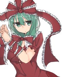 Rule 34 | 1girl, bound, bound wrists, bow, bowtie, breasts, closed mouth, entangled, frilled bow, frills, golgi hon, green eyes, green hair, hair between eyes, hair bow, highres, kagiyama hina, long hair, looking at viewer, medium breasts, red bow, red bowtie, short sleeves, simple background, solo, touhou, upper body, white background