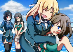 Rule 34 | 10s, 4girls, afloat, atago (kancolle), bad id, bad pixiv id, bare arms, bare shoulders, black gloves, black hair, blonde hair, blunt bangs, grabbing another&#039;s breast, breast press, breasts, brown hair, choukai (kancolle), closed eyes, day, gloves, grabbing, hand on own hip, hug, kantai collection, light smile, long hair, looking at another, maya (kancolle), military, military uniform, miniskirt, multiple girls, ocean, open mouth, outdoors, pantyhose, red eyes, remodel (kantai collection), short hair, siblings, sideboob, sisters, skirt, takao (kancolle), thighhighs, uniform, v arms, wavy mouth, yoiyoi (kannkann100)