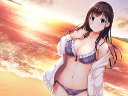 Rule 34 | 1girl, bare shoulders, beach, bikini, bikini bottom only, black hair, blue eyes, blush, breasts, cleavage, closed mouth, cloud, cowboy shot, dutch angle, evening, female focus, frilled bikini, frills, groin, hand on own chest, hand up, happy, highres, imouto no tomodachi to hitonatsu no omoide, jacket, large breasts, legs, long hair, looking at viewer, madogiwa oukoku, navel, ocean, off shoulder, open clothes, open jacket, original, outdoors, plaid, plaid bikini, sand, sky, smile, solo, standing, string bikini, sun, sunlight, swimsuit, thighs, water